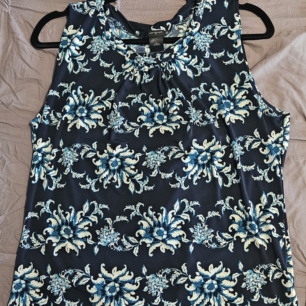 Ann Taylor Navy and Aqua Floral Blouse